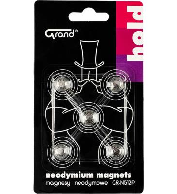 Magnesy neodymowe z uchwytem 12mm 5szt GRAND. Wydawca: Grand. SmakLiter.pl Opakowanie Magnesy neodymowe z uchwytem 12mm 5szt GRAND