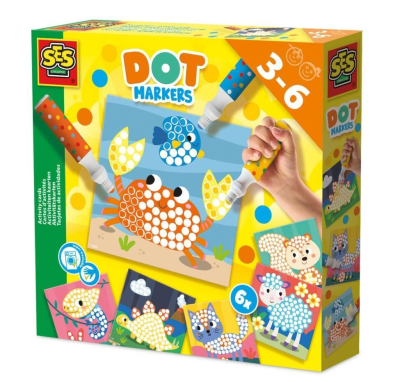 Markery w kropki XL 3 kolory + 6 arkuszy. Wydawca: SES. SmakLiter.pl Opakowanie Markery w kropki XL 3 kolory + 6 arkuszy
