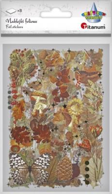 Naklejki foliowe 8 plansz liście, grzyby, szyszki. Wydawca: Titanum. SmakLiter.pl Opakowanie Naklejki foliowe 8 plansz liście, grzyby, szyszki