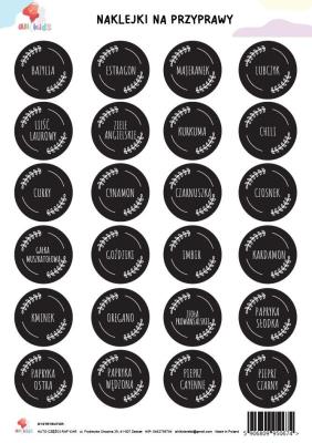 Naklejki na przyprawy czarne A4. Wydawca: All4Kids. SmakLiter.pl Opakowanie Naklejki na przyprawy czarne A4