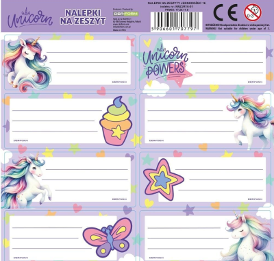 Opakowanie Nalepki na zeszyty Jednorożec 16 (25szt) DERFORM