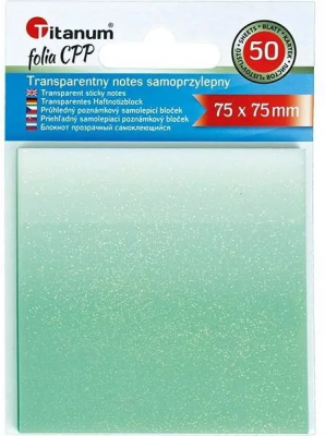 Notes samoprzylepny transparentny 75x75mm 50K. Wydawca: Titanum. SmakLiter.pl Opakowanie Notes samoprzylepny transparentny 75x75mm 50K