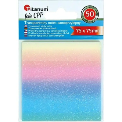 Notes samoprzylepny transparentny 75x75mm 50K. Wydawca: Titanum. SmakLiter.pl Opakowanie Notes samoprzylepny transparentny 75x75mm 50K