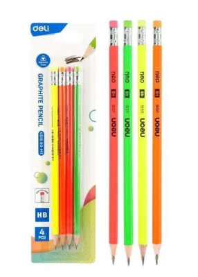 Ołówek neonowy HB z gumką 4szt DELI. Wydawca: DELI. SmakLiter.pl Opakowanie Ołówek neonowy HB z gumką 4szt DELI