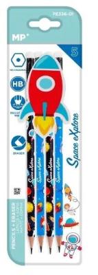 Ołówek sześciokątny HB z dodatk. gumką Kosmos 4szt. Wydawca: MP Main Paper. SmakLiter.pl Opakowanie Ołówek sześciokątny HB z dodatk. gumką Kosmos 4szt