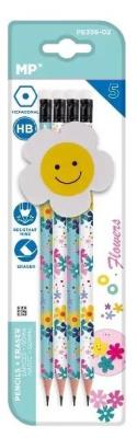 Ołówek sześciokątny HB z dodatk. gumką Kwiaty 4szt. Wydawca: MP Main Paper. SmakLiter.pl Opakowanie Ołówek sześciokątny HB z dodatk. gumką Kwiaty 4szt