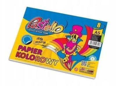Papier kolorowy A5 samoprzylepny 8 kartek błyszczący. Wydawca: Alfa Pastello. SmakLiter.pl Opakowanie Papier kolorowy A5 samoprzylepny 8 kartek błyszczący