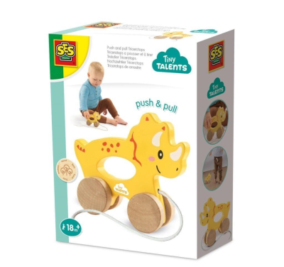 Pchaj i ciągnij 2w1 drewniany Triceratops. Wydawca: SES. SmakLiter.pl Opakowanie Pchaj i ciągnij 2w1 drewniany Triceratops