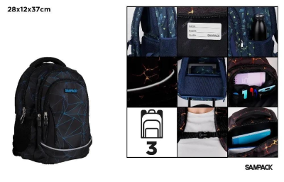 Opakowanie Plecak geometryczny trzykomorowy czarny 28x12x37cm