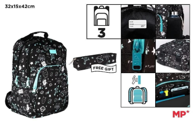 Opakowanie Plecak trzykomorowy czarny 32x12x38cm + piórnik