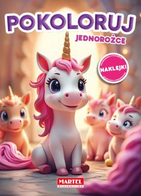 Pokoloruj jednorożce. Kolorowanka z naklejkami. Autor: Maciej Ratajczyk. SmakLiter.pl Okładka książki Pokoloruj jednorożce. Kolorowanka z naklejkami