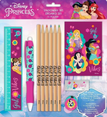 Przybory szkolne Princess 11el. Wydawca: Diakakis. SmakLiter.pl Opakowanie Przybory szkolne Princess 11el