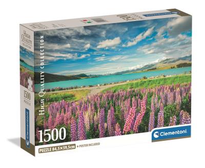 PUZZLE 1500 EL COMPACT  Lupins at Lake Tekapo. Wydawca: Clementoni. SmakLiter.pl Opakowanie PUZZLE 1500 EL COMPACT  Lupins at Lake Tekapo