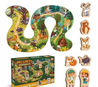 Puzzle 16 Who lives in the forest. Wydawca: Dodo. SmakLiter.pl Opakowanie Puzzle 16 Who lives in the forest