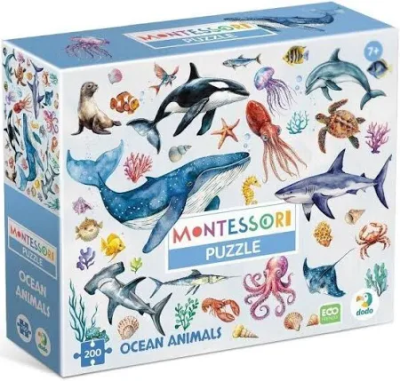 Puzzle 200 Montessori Zwierzęta oceaniczne. Wydawca: Dodo. SmakLiter.pl Opakowanie Puzzle 200 Montessori Zwierzęta oceaniczne