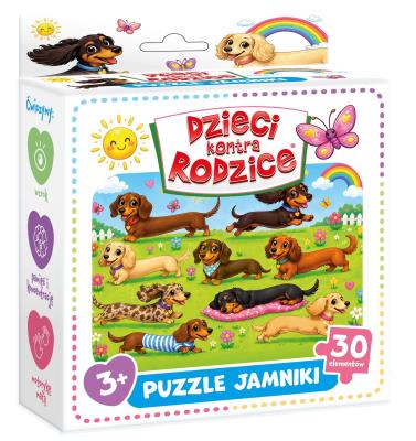Opakowanie Puzzle 30 Jamniki Dzieci kontra Rodzice