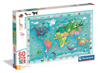 PUZZLE 60 EL MAXI SUPER KOLOR  Wildlife Map. Wydawca: Clementoni. SmakLiter.pl Opakowanie PUZZLE 60 EL MAXI SUPER KOLOR  Wildlife Map