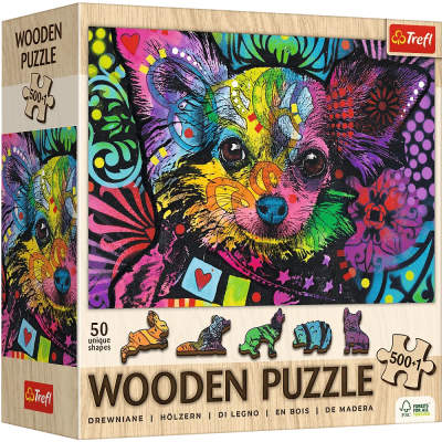 Puzzle drewniane 500+1 Kolorowy szczeniak TREFL. Wydawca: Trefl. SmakLiter.pl Opakowanie Puzzle drewniane 500+1 Kolorowy szczeniak TREFL
