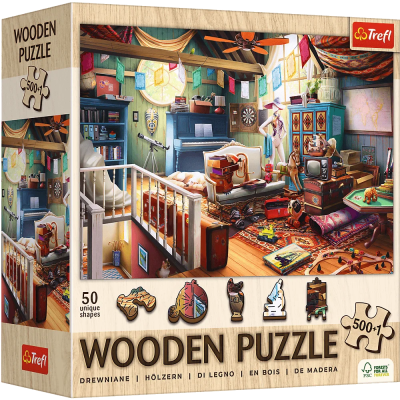 Puzzle drewniane 500+1 Skarby na strychu TREFL. Wydawca: Trefl. SmakLiter.pl Opakowanie Puzzle drewniane 500+1 Skarby na strychu TREFL