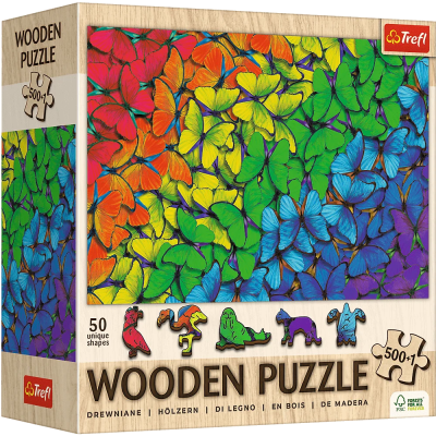 Puzzle drewniane 500+1 Tęczowe motyle TREFL. Wydawca: Trefl. SmakLiter.pl Opakowanie Puzzle drewniane 500+1 Tęczowe motyle TREFL