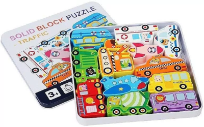 Puzzle drewniane pojazdy w metalowym pudełku. Wydawca: ADAR. SmakLiter.pl Opakowanie Puzzle drewniane pojazdy w metalowym pudełku