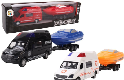 Opakowanie Samochód bus z łodzią na przyczepie metal mix