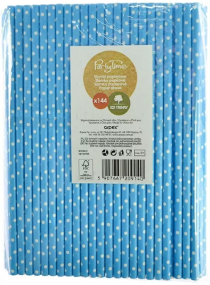 Słomki papierowe niebieskie w białe kropki 144szt. Wydawca: ARPEX. SmakLiter.pl Opakowanie Słomki papierowe niebieskie w białe kropki 144szt