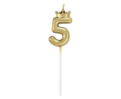 Opakowanie Świeczka 5 z koroną szampańskie złoto 12cm