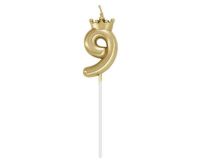 Opakowanie Świeczka 9 z koroną szampańskie złoto 12cm