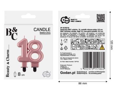 Opakowanie Świeczka B&C cyferka 18 metalik różowo-złota 8cm