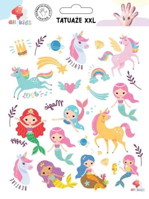 Tatuaże zmywalne dla dzieci Jednorożce syrenki XXL. Wydawca: All4Kids. SmakLiter.pl Opakowanie Tatuaże zmywalne dla dzieci Jednorożce syrenki XXL