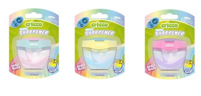 Temperówka potrójna z pojemnikiem pastel mix. Wydawca: Cricco. SmakLiter.pl Opakowanie Temperówka potrójna z pojemnikiem pastel mix