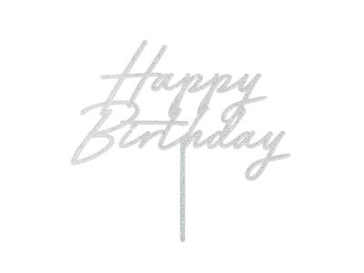 Opakowanie Topper na tort Happy Birthday srebrny 18x16,5cm