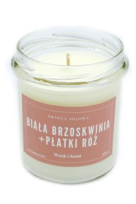 Wosk i Knot Świeca sojowa biała brzoskwinia i płatki róż 300ml. Producent: Wosk i Knot. SmakLiter.pl Zdjęcie produktu Wosk i Knot Świeca sojowa biała brzoskwinia i płatki róż 300ml