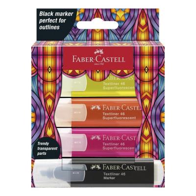 Zakreślacz Glassy 4 kolory neonowe + czarny. Wydawca: Faber Castell. SmakLiter.pl Opakowanie Zakreślacz Glassy 4 kolory neonowe + czarny