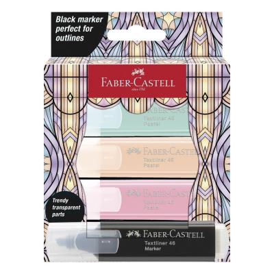 Zakreślacz Glassy 4 kolory pastel + czarny. Wydawca: Faber Castell. SmakLiter.pl Opakowanie Zakreślacz Glassy 4 kolory pastel + czarny