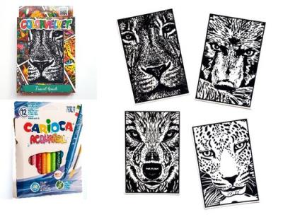 Opakowanie Zestaw 4 Kolorowanek Welwetowych + 12 Flamastrów Carioca - Drapieżniki