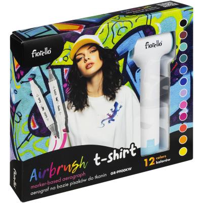 Opakowanie Zestaw Airbrush pistolet + markery do tkanin Fiorello 12 kolorów  GR-9900KW