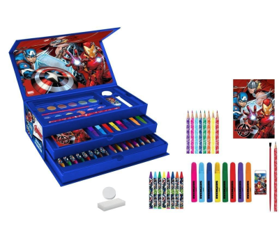 Zestaw artystyczny w kuferku Avengers. Wydawca: Diakakis. SmakLiter.pl Opakowanie Zestaw artystyczny w kuferku Avengers