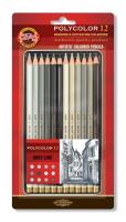 Kredki Polycolor odcienie szarości 12 kolorów w metalowej kasetce. Wydawca: Koh-I-Noor. SmakLiter.pl Opakowanie Kredki Polycolor odcienie szarości 12 kolorów w metalowej kasetce