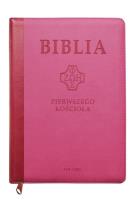 Okładka książki Biblia pierwszego Kościoła z paginat. różowa
