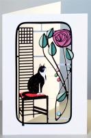 Opakowanie Karnet MC01 wycinany + koperta Kot na krześle róża