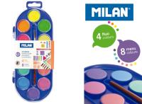 Farby akwarelowe Milan 12 kolorów 4 fluo+8 metalizowane. Wydawca: MILAN. SmakLiter.pl Opakowanie Farby akwarelowe Milan 12 kolorów 4 fluo+8 metalizowane