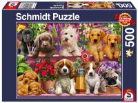 Puzzle PQ 500 Psy na półce G3. Wydawca: Schmidt. SmakLiter.pl Opakowanie Puzzle PQ 500 Psy na półce G3