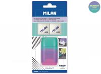 Opakowanie Temperówko z gumką Milan zielono-fioletowo-różowa, 2 gumki 430, COMPACT SUNSET na blistrze