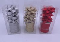 Opakowanie Zestaw wstążka brokatowa 1cm x 10m + 3 rozetki 6cm. Srebrna