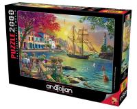 Puzzle 2000 Zachód słońca w porcie. Wydawca: Anatolian. SmakLiter.pl Opakowanie Puzzle 2000 Zachód słońca w porcie