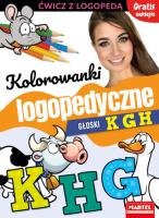 Kolorowanki logopedyczne z naklejkami. Głoski K G H. Autor: Magdalena Małecka, AGNIESZKA ANNA WIATROWSKA. SmakLiter.pl Okładka książki Kolorowanki logopedyczne z naklejkami. Głoski K G H