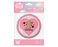 Opakowanie Balon foliowy 1st Birthday, różowy 45 cm