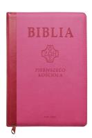 Okładka książki Biblia pierwszego Kościoła różowa z paginatorami